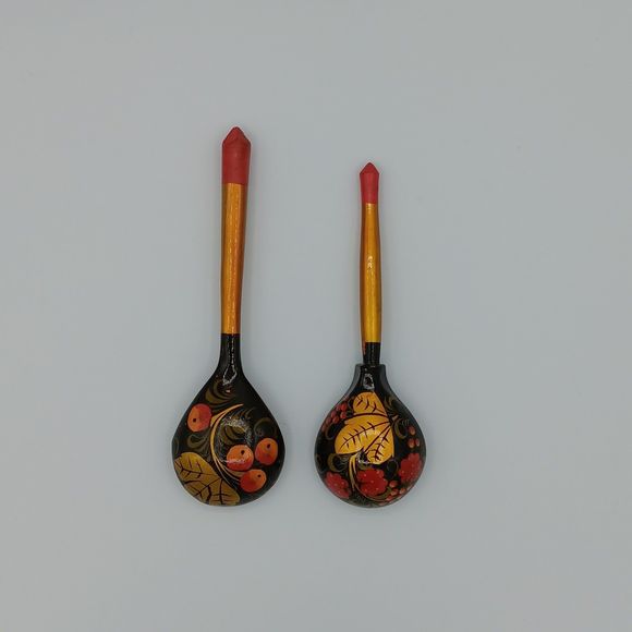 Vintage Khokhloma Russian Wooden Lacquer Hand Painted Spoons - Picture 2 of 7
